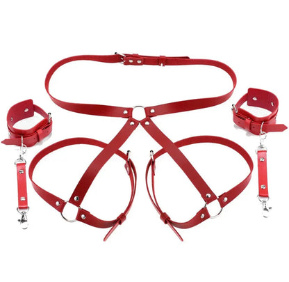 Leather handcuffs with garter and leg straps.