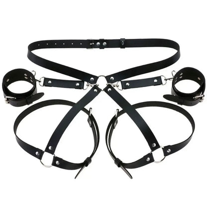 Leather handcuffs with garter and leg straps.