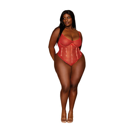 Dreamgirl Gold-foiled Stretch Mesh Teddy with Rhinestone Detailing and Heat-Sealed Edges Ruby 1XL-0